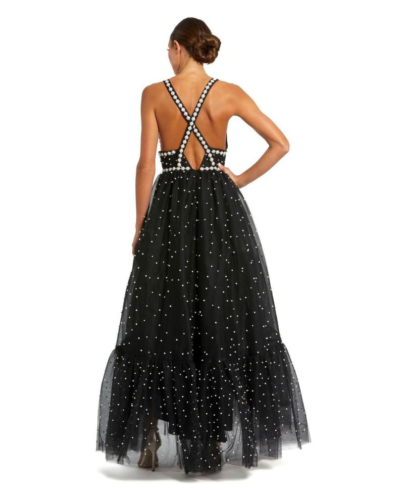 Women's Pearl Beaded High Low Gown