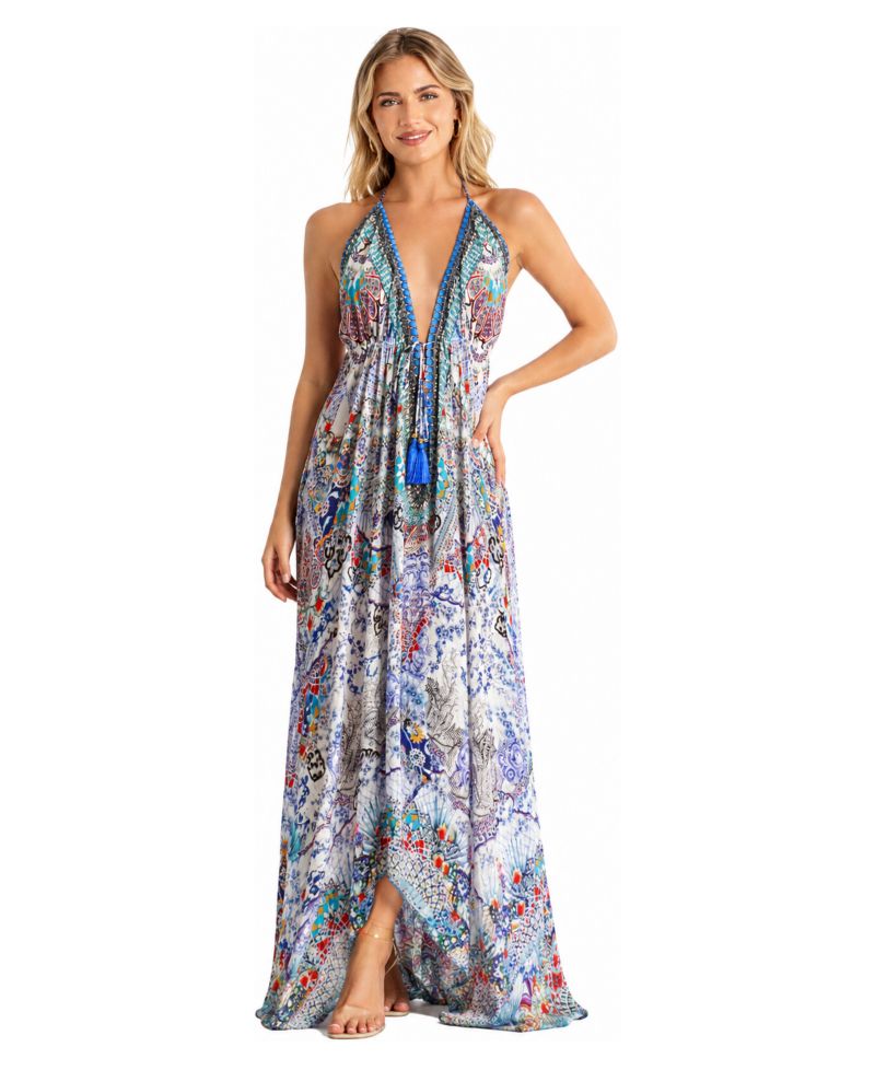 Women's Floral-and-Paisley Patchwork Plunge-Halter Open-Back Maxi Dress