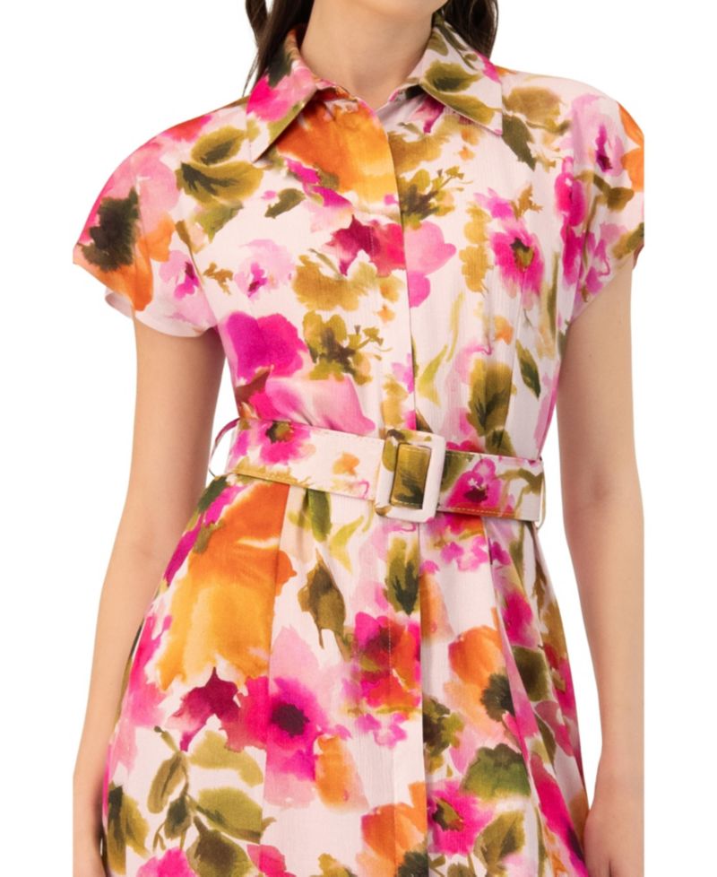 Women's Midi Belted Floral Print Shirt Style Dress