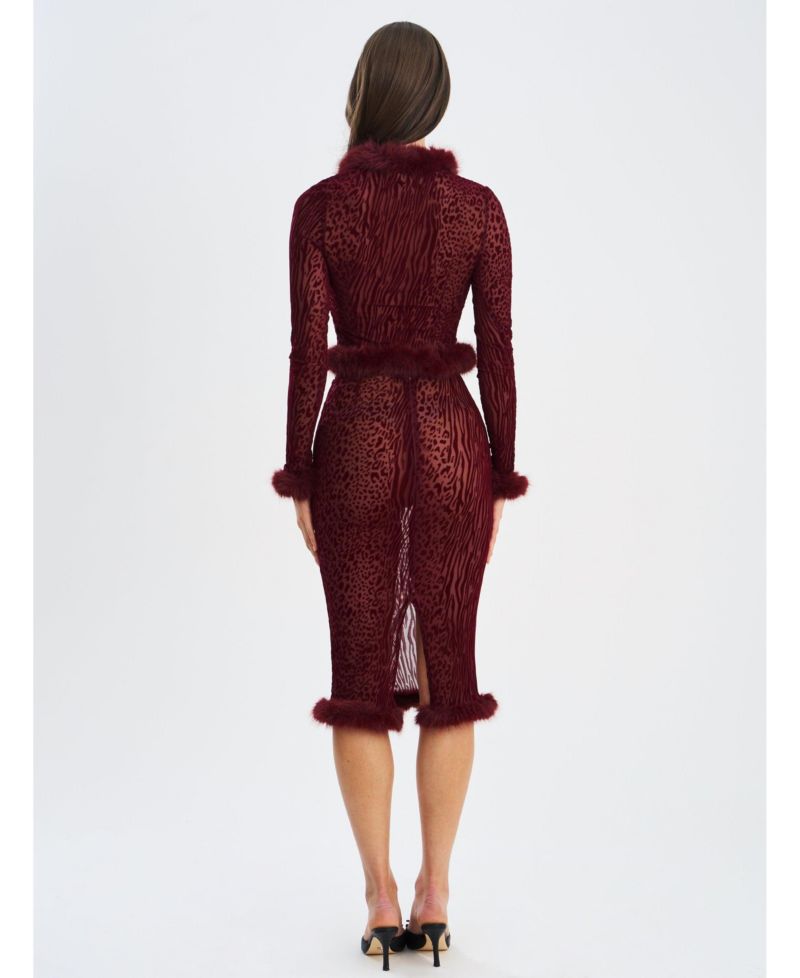 Women's Halia Burgundy Animal Print Burnout Velvet Faux Fur Trim Skirt