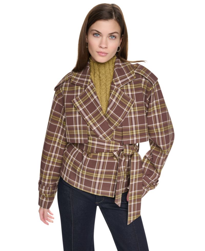 Women's Plaid Double-Breasted Short Trench Jacket