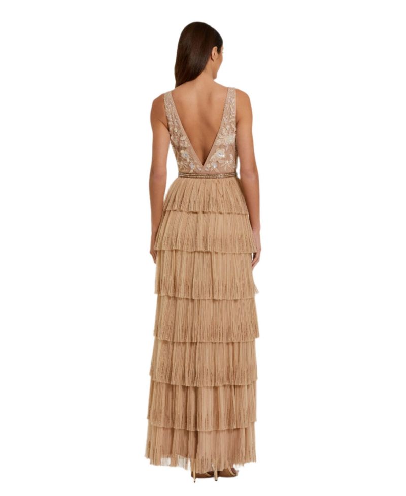 Women's Beaded Mesh V Neck Gown With Tiered Ruffles