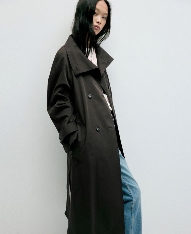 Women's Long Belted Funnel-Neck Trench Coat