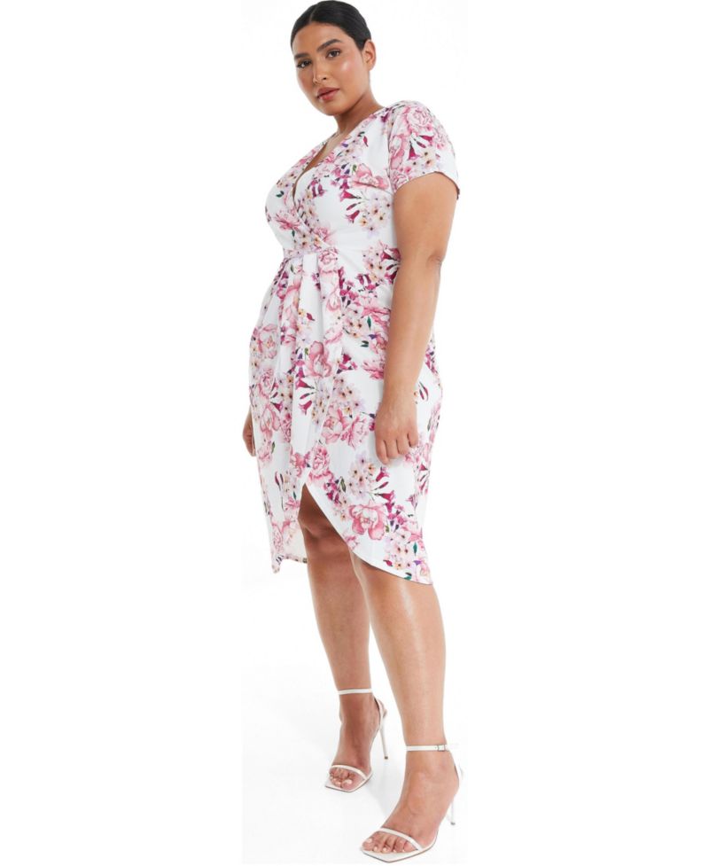 Women's Plus Size Floral Scuba Crepe Wrap Midi Dress