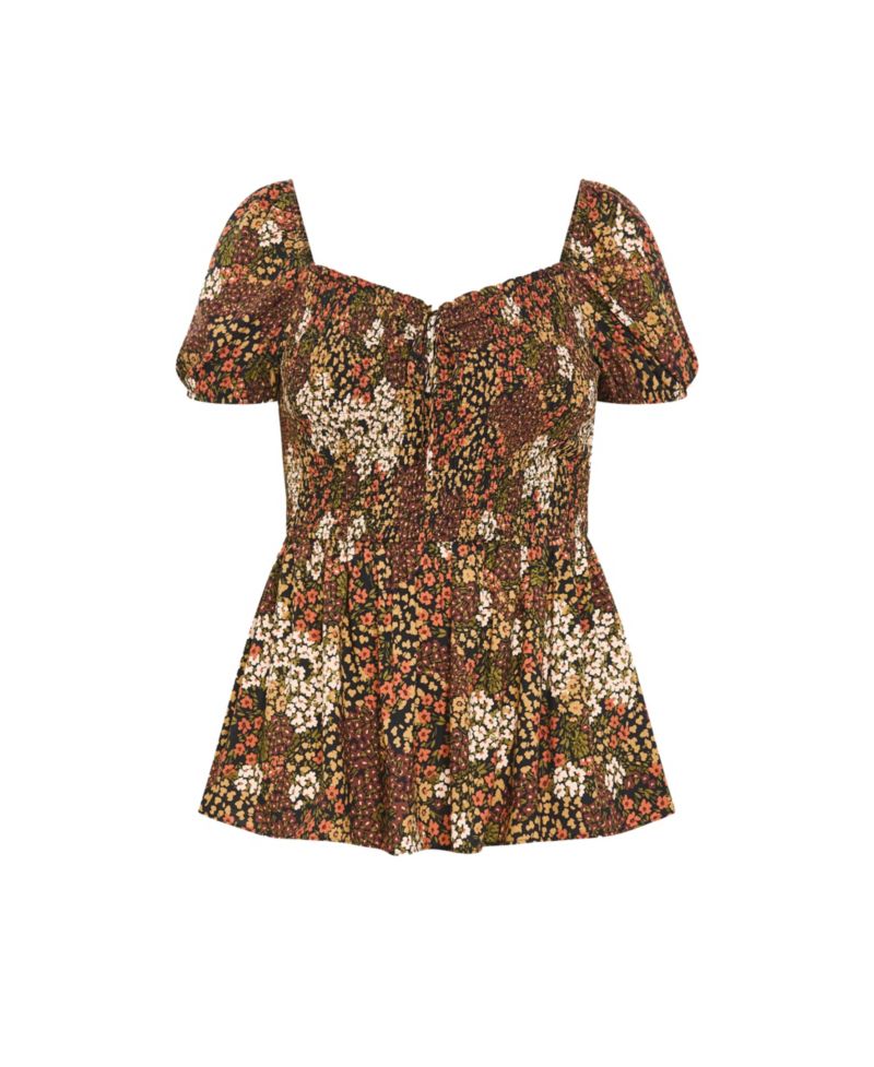 Plus Size Azure Floral-Print Tie-Up Shirred Blouse