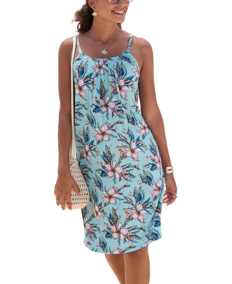 Women's Viscose Floral Print Sleeveless Scoop-Neck Short Dress