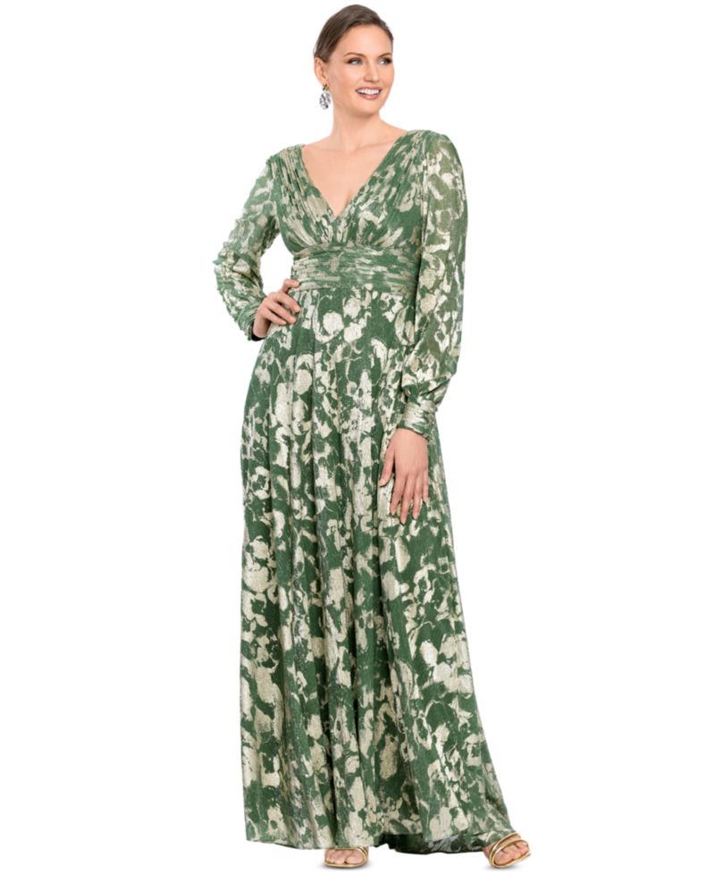 Women's Long-Sleeve V-Neck Metallic Floral Gown