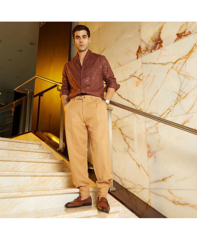 Men's Khaki Beige Panelled Gurkha Trousers