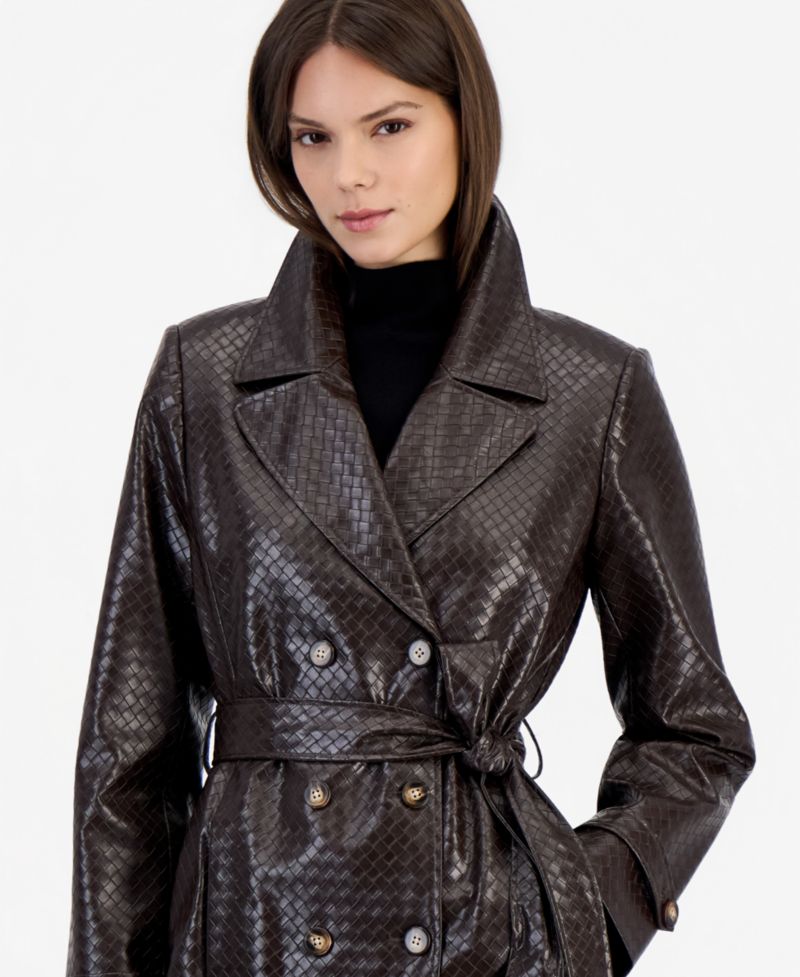 Women's Faux Leather Lined Belted Trench