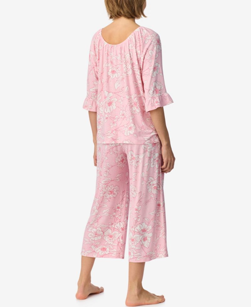 Women's Above-Elbow Raglan Sleeves with Ruffle Wide-Leg Cropped Pant Pajama Set