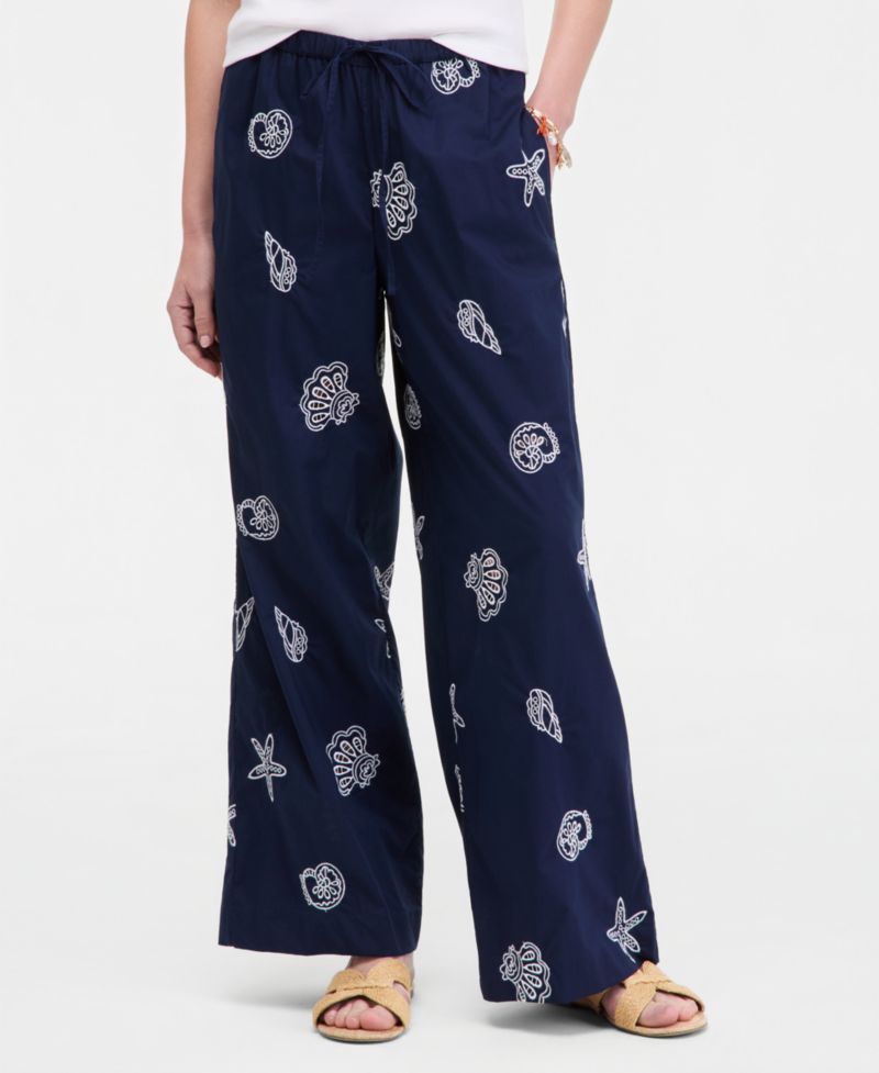Women's Shoreline Embroidered Cotton Pull-On Pants