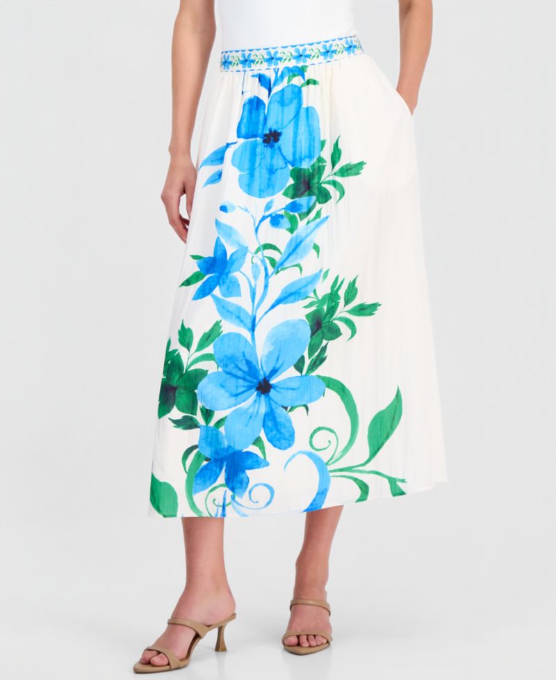 Women's Placed-Floral Pull-On Midi Skirt