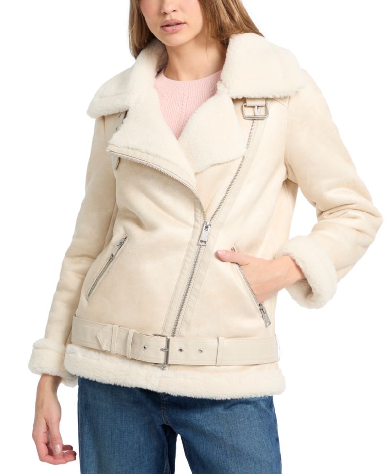 Women's Faux-Shearling Asymmetric Moto Coat