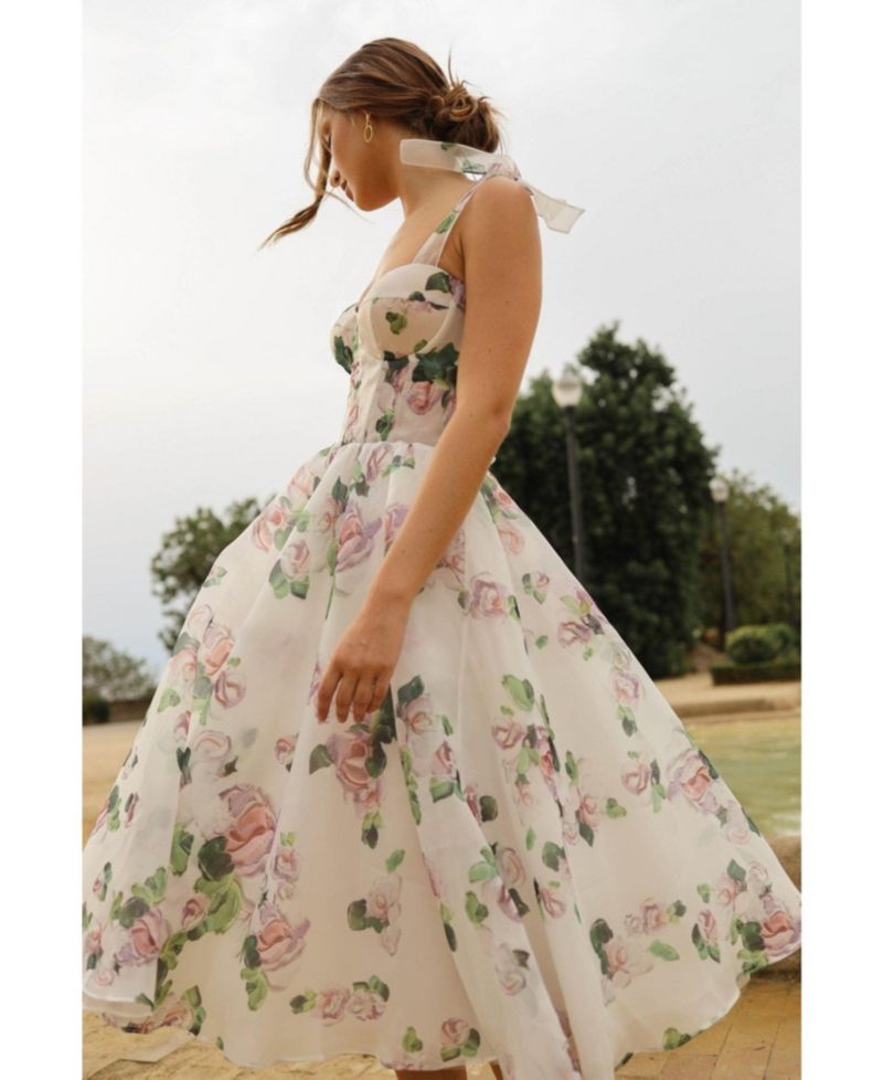 Womens Tender Floral Midi Tie-Strap Dress