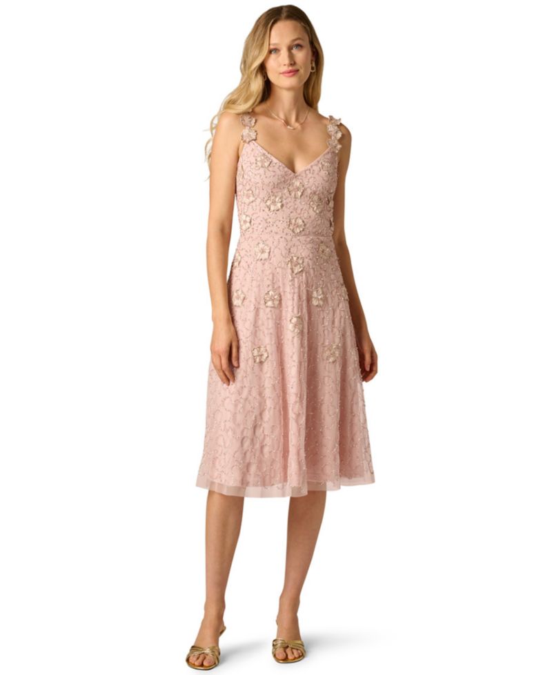 Women's Bead Flower Petal V-Neck Midi Gown