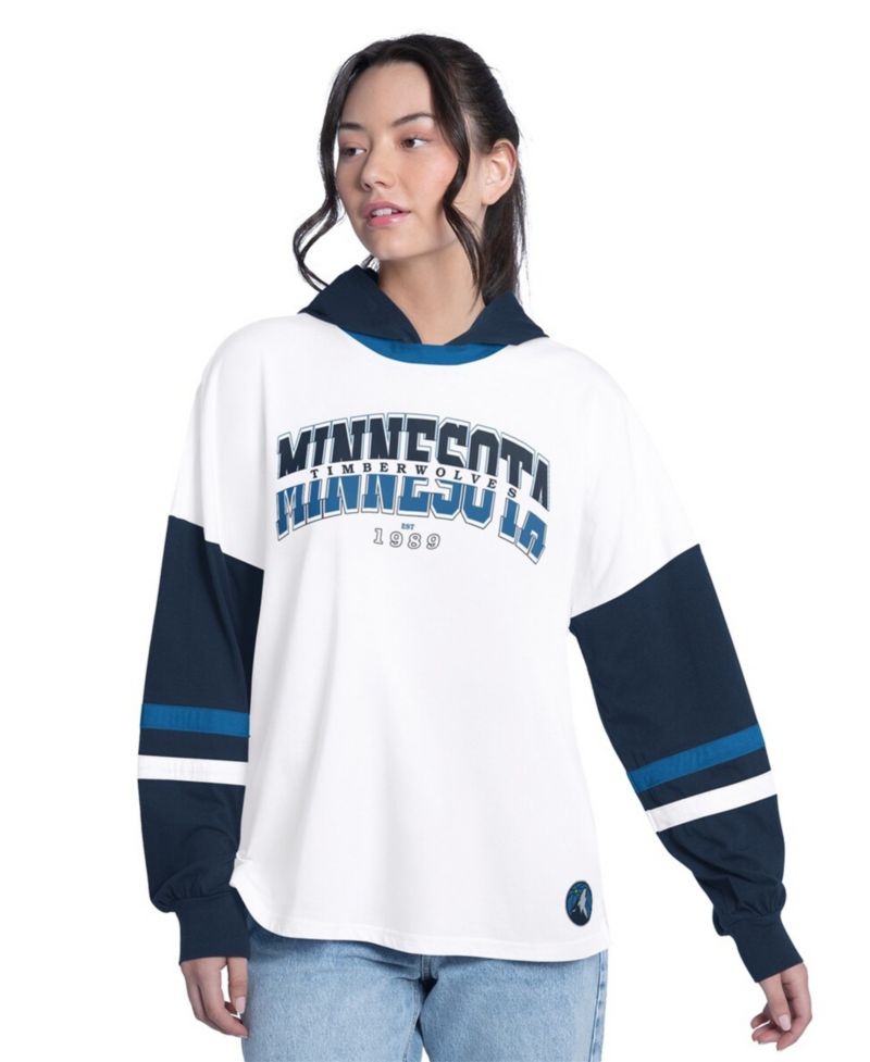Women's White/Navy Minnesota Timberwolves Key Player Oversized Hooded Long Sleeve T-Shirt