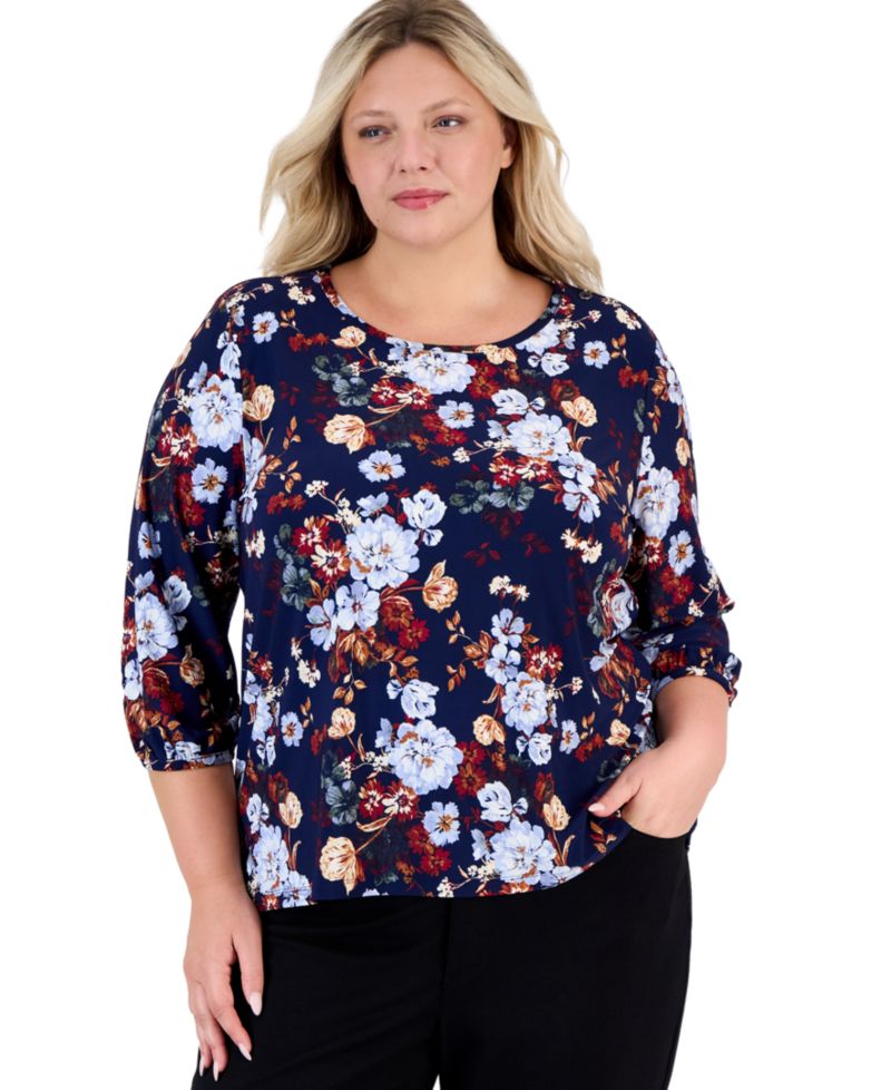 Plus Size Floral Shoulder-Button 3/4-Sleeve Blouse