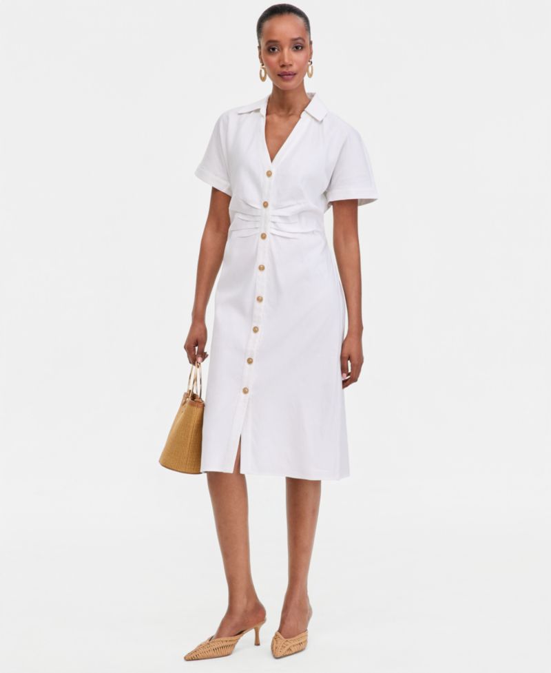 Women's Short Sleeve Linen-Blend Shirt-Dress
