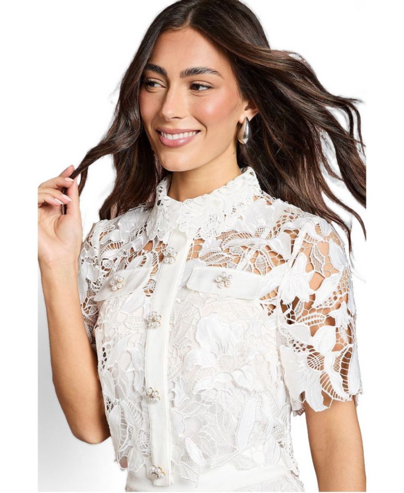 Women's Lace Detail Short Sleeve Collared Shirt