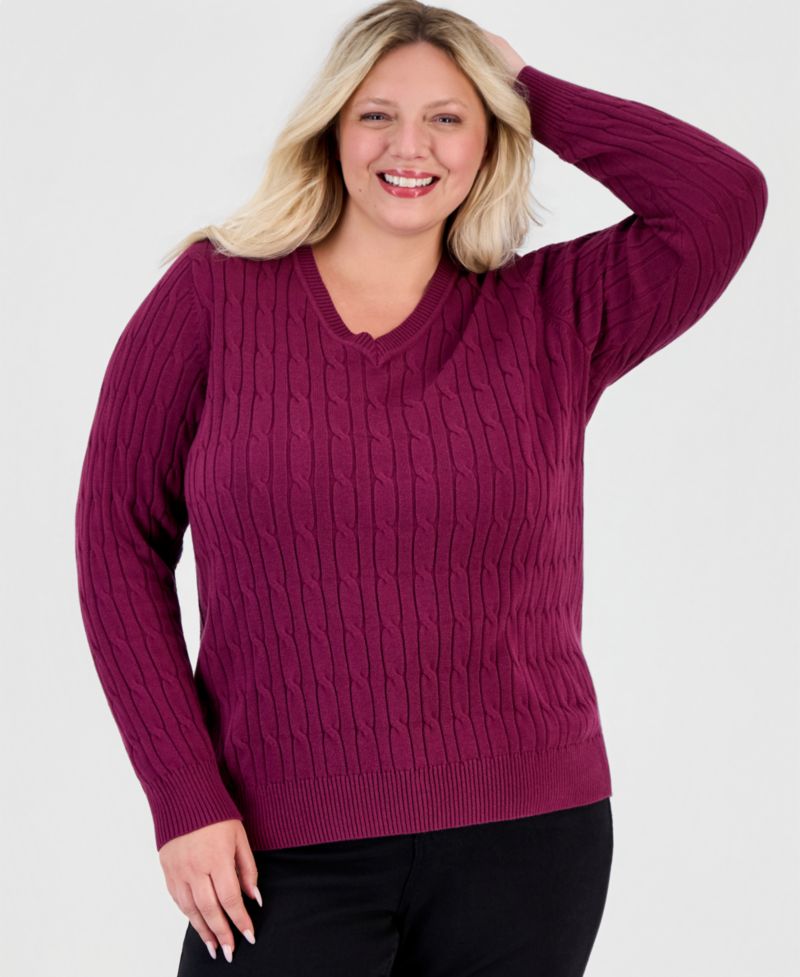 Petite Cotton Cable-Knit V-Neck Sweater