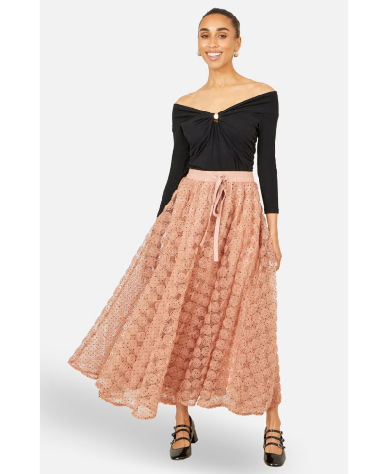 Women's Spot and Rose Tulle Polka-Dot High-Waisted Maxi Skirt