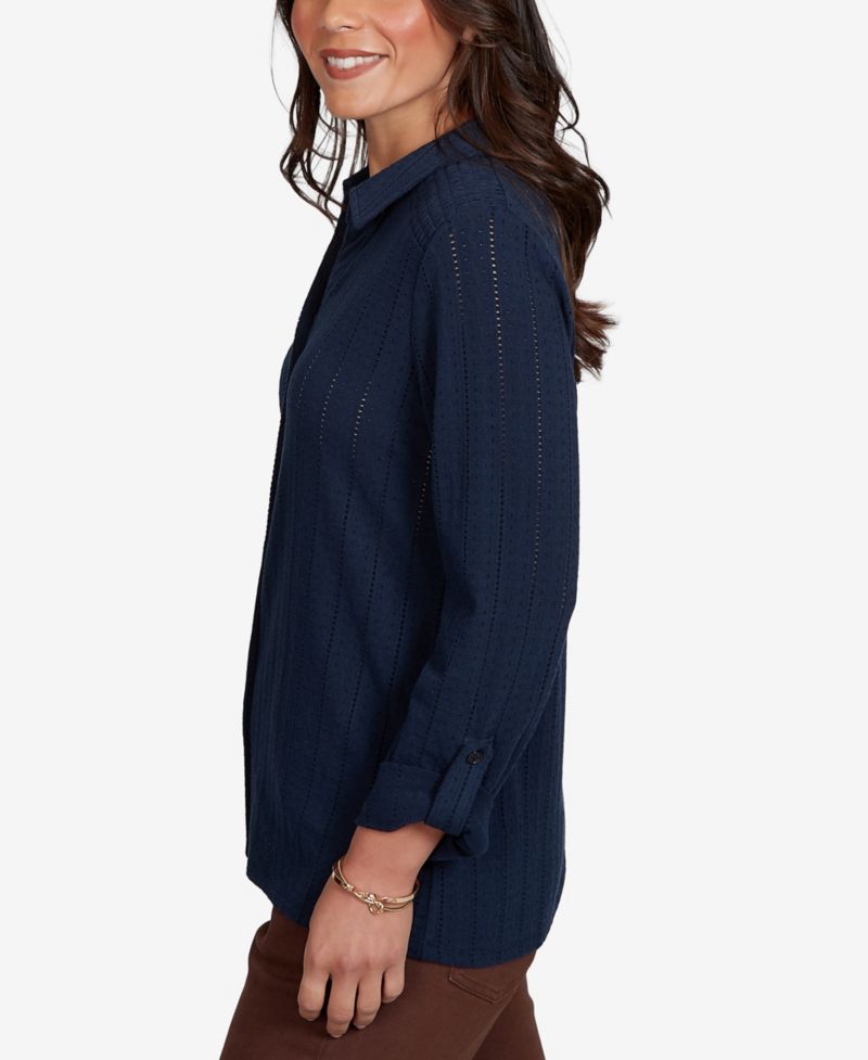 Petite Striped 3/4-Sleeve Henley Collar Blouse