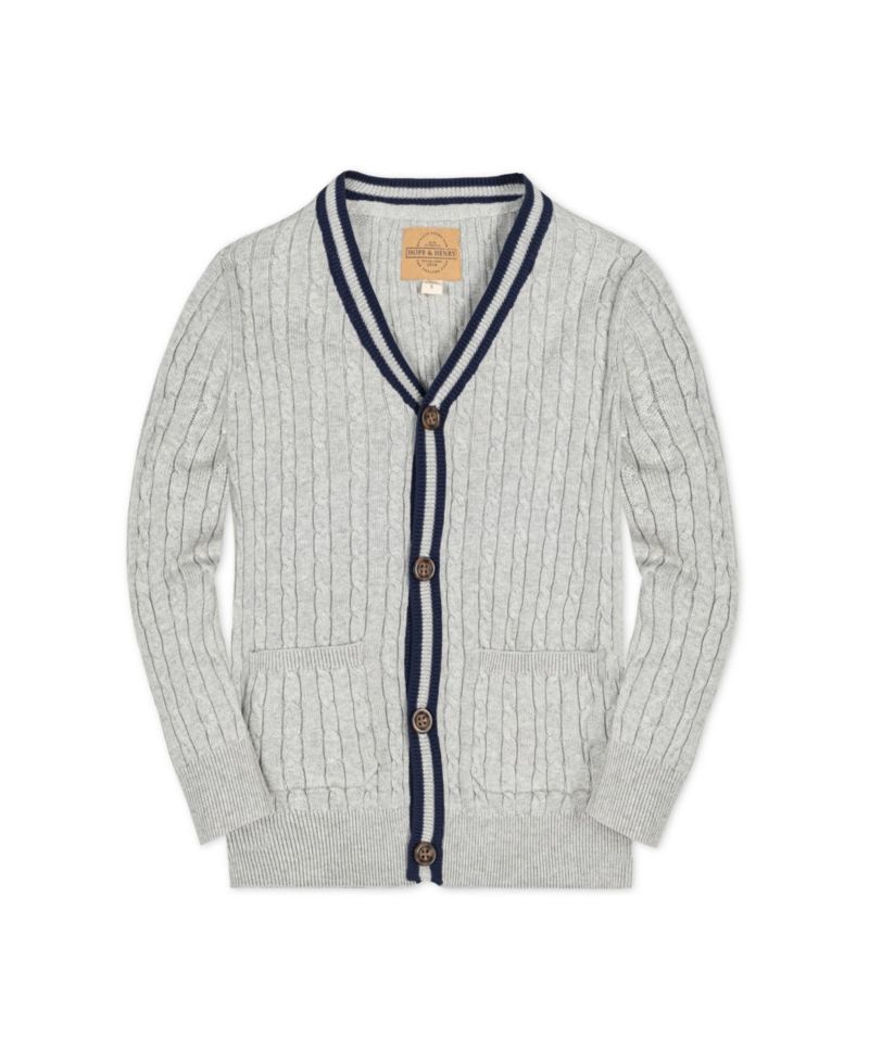 Baby Boys Hope and Henry Long Sleeve Cable Knit Cardigan Sweater with Stripe Trim