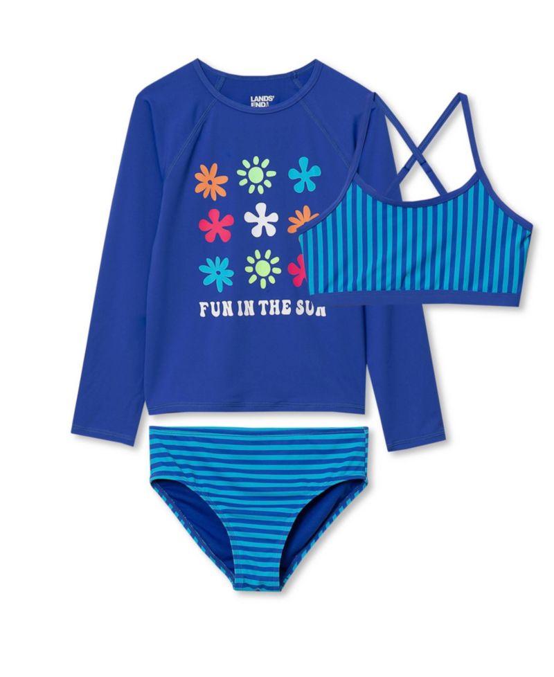 Girls Slim Chlorine Resistant Long Sleeve Rash Guard Bikini 3 Piece Swimsuit Set