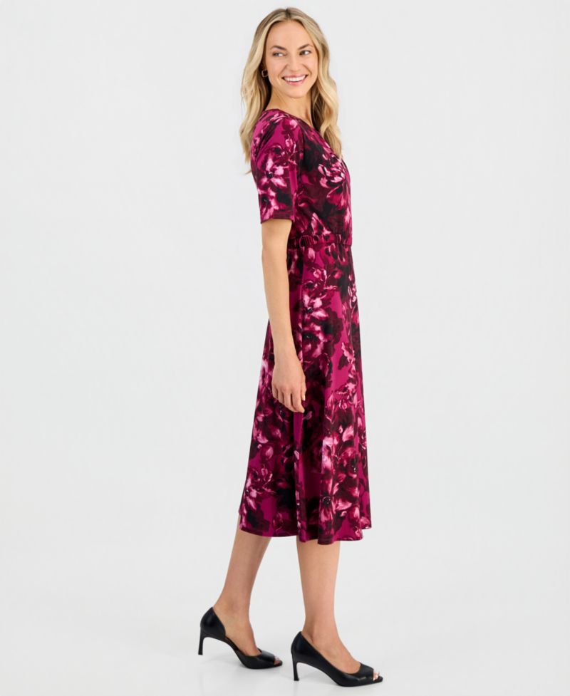 Women's Pleat-Neck Belted Short-Sleeve Dress