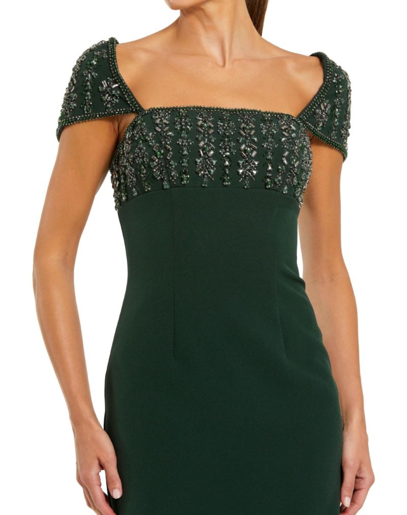 Women's Crepe Embellished Cap Sleeve Fitted Midi Dress