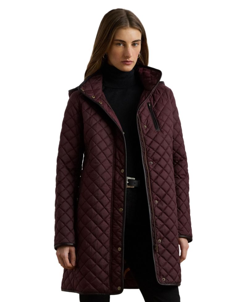 Petite Hooded Quilted Faux-Suede-Trim Coat