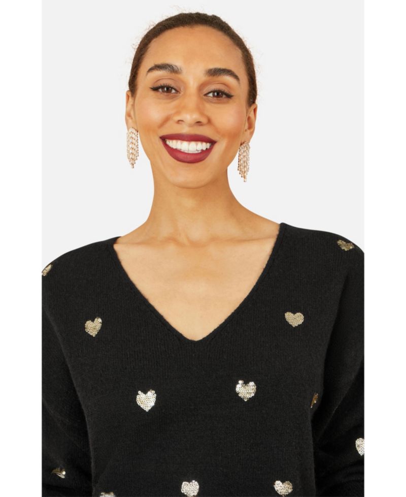 Women's Sequin Heart V-Neck Jumper