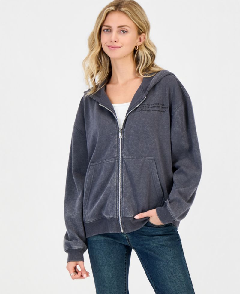 Juniors' Full-Zip Rhinestone-Embellished Fleece Hoodie