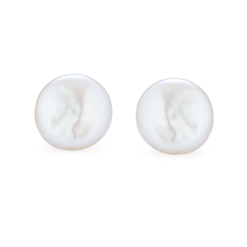 White Biwa Baroque Irregular Round Coin Pearl Stud Earrings Sterling Silver