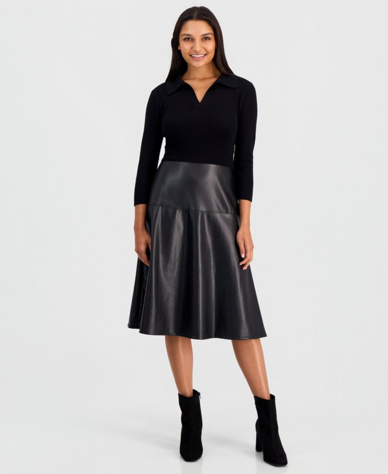 Women's Faux-Leather-Skirt Split-Collar 3/4-Sleeve Dress