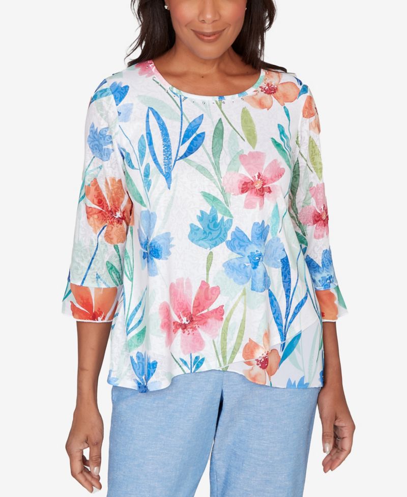 Petite Caribbean Blues Whimsical Flower Bell Sleeve Top