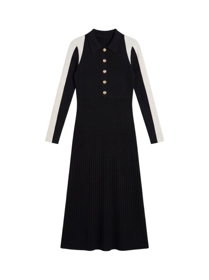 Women's Rib Knit Long Sleeve Military Midi Dress