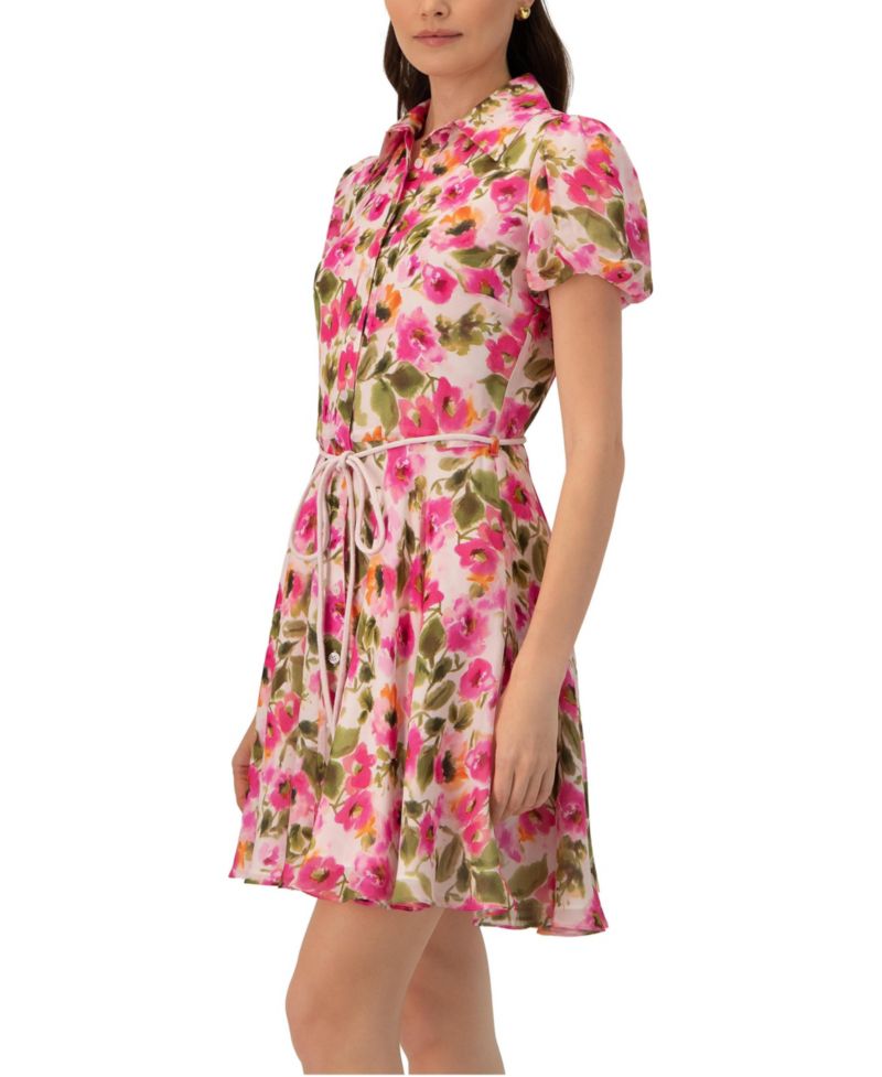 Women's Short Floral Shirt Dress with Waist Tie