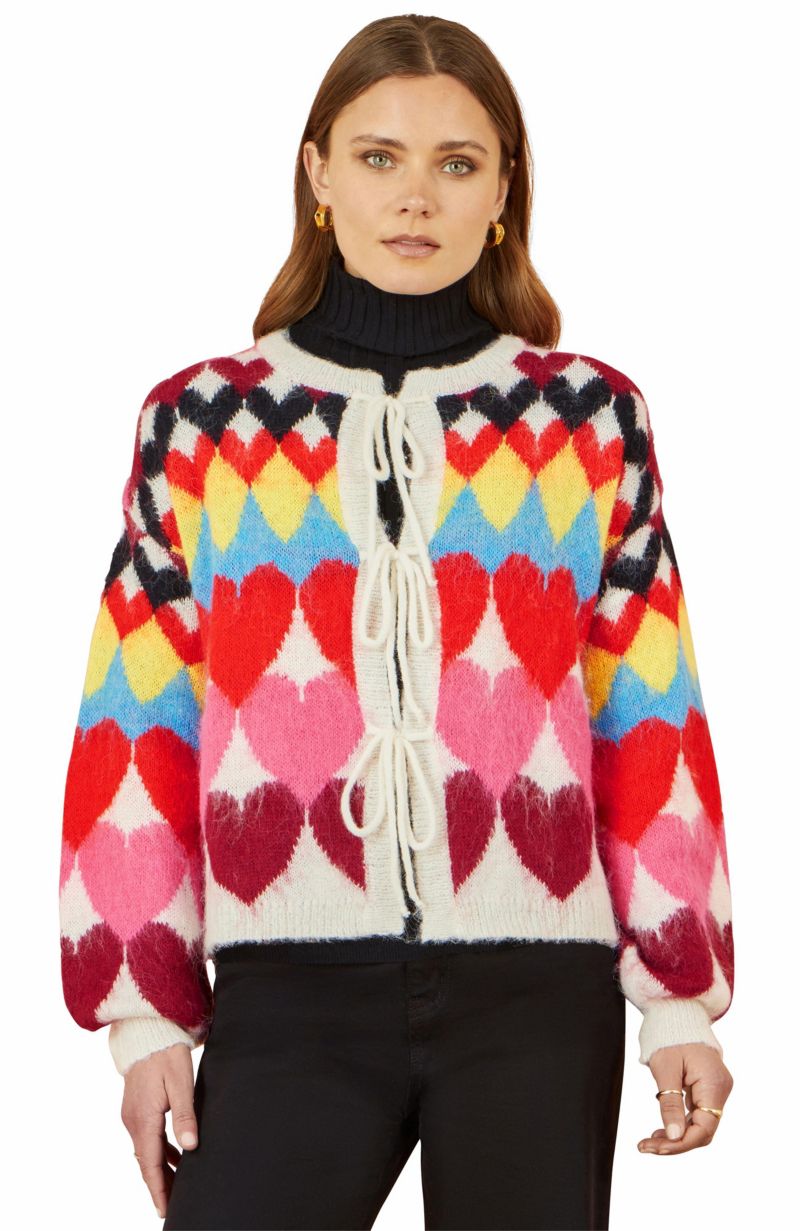 Women's Tie Front Heart Intarsia Cardigan