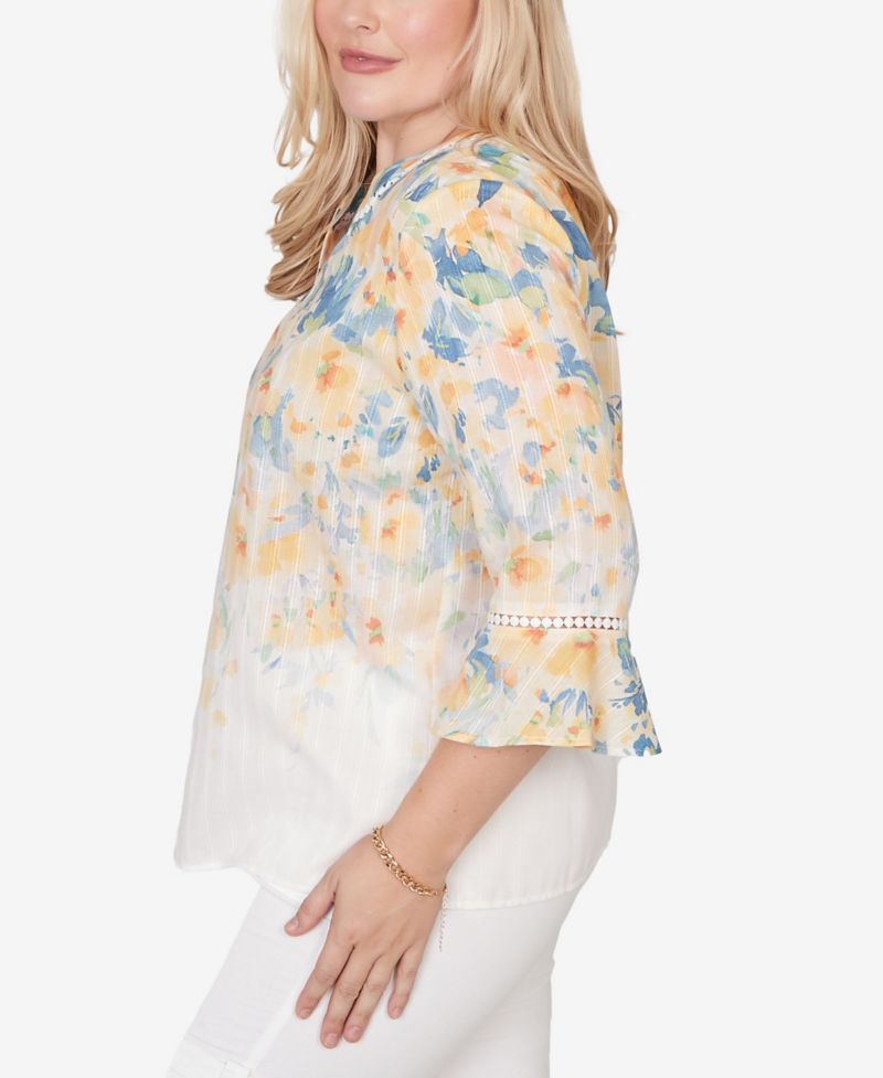 Women's Out of the Blue Falling Floral Three-Quarter-Sleeve Top