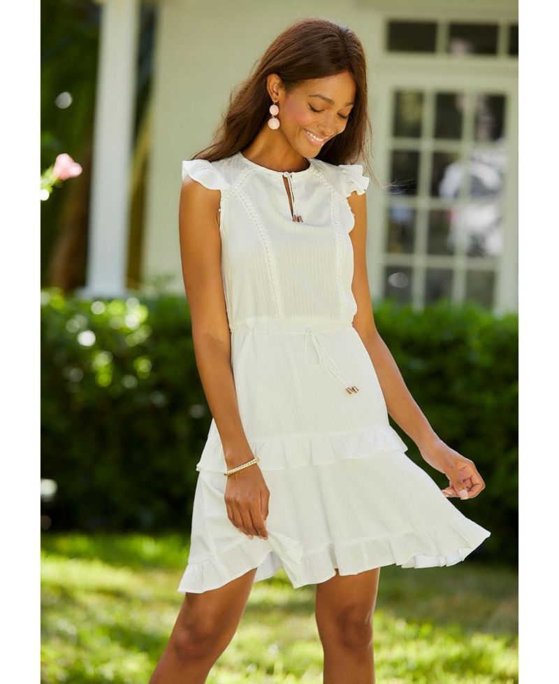 Women's Viscose Crochet Ruffle Trim A-Line Notch-Neck Short Dress