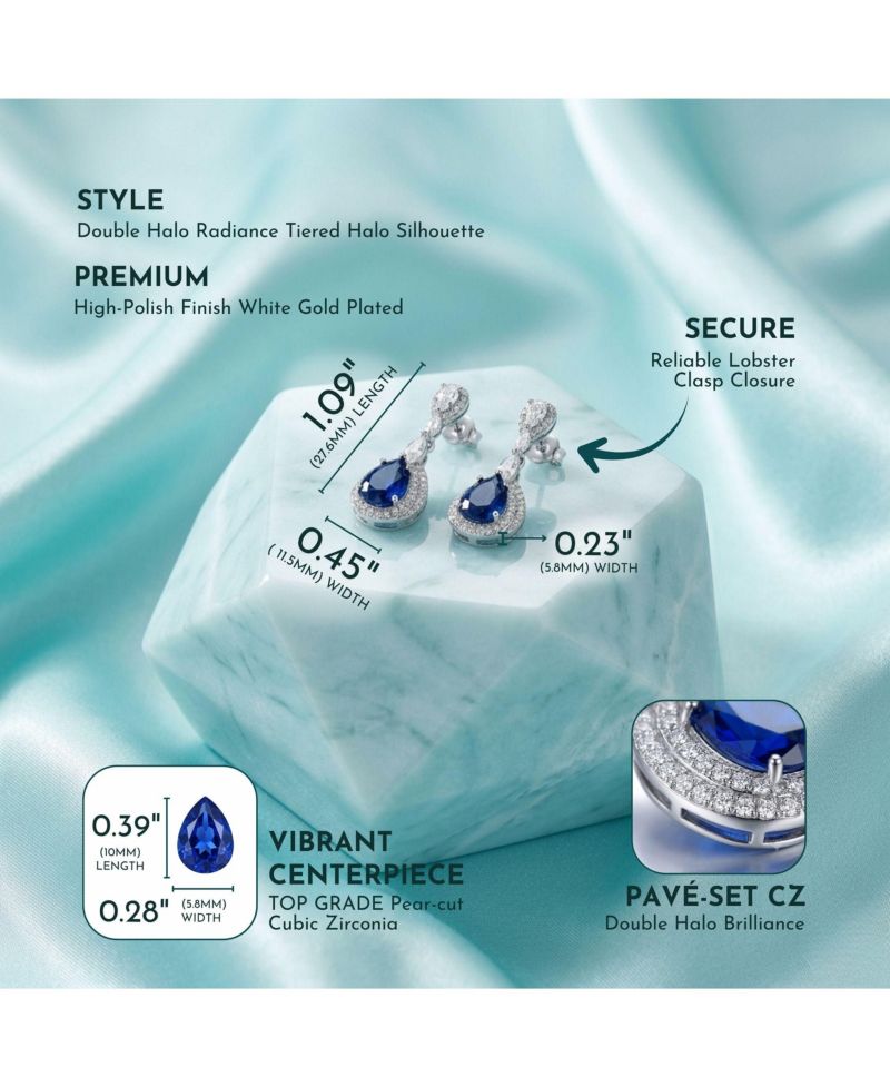 Dazzling White Gold Plated CZ Double Halo Drop Earrings