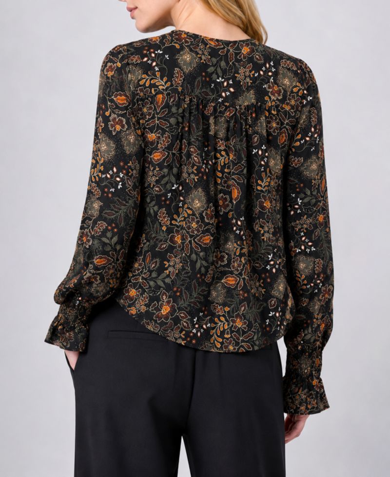 Petite Long-Sleeve Smocked-Flare Floral-Print Blouse