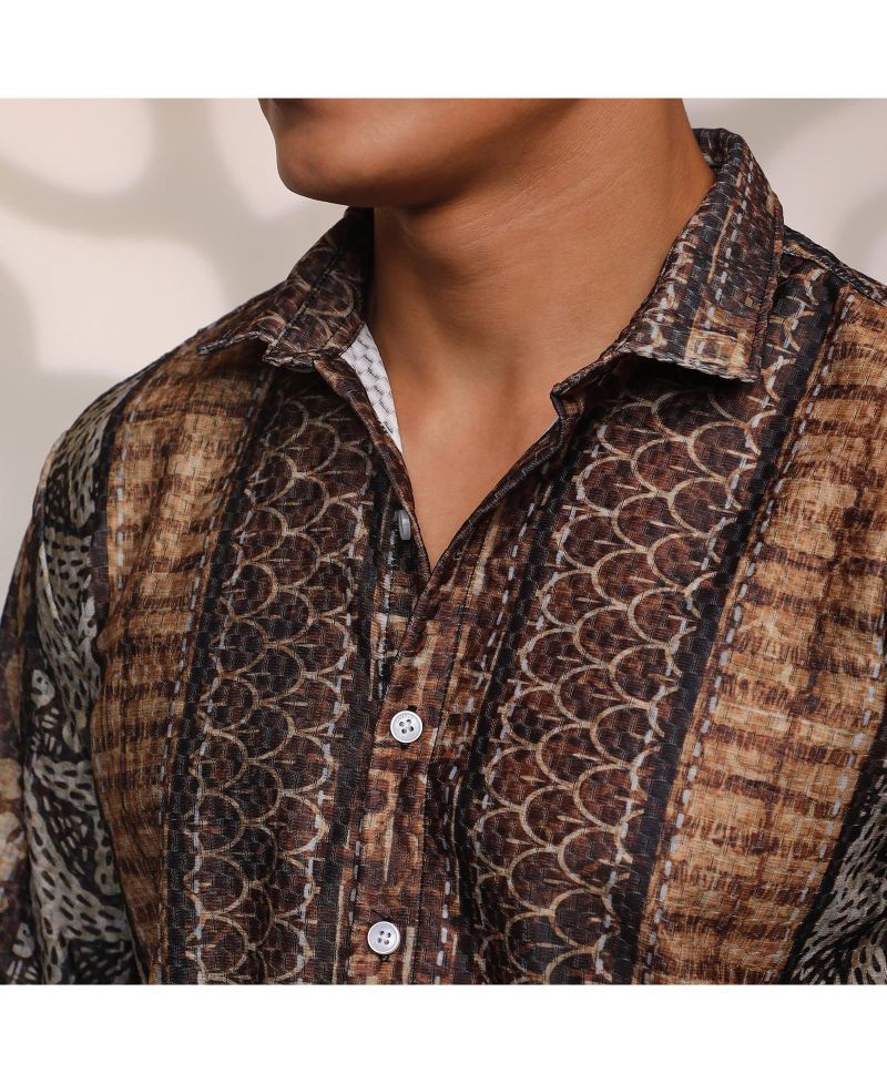 Men's Chocolate Brown Folk Print Shirt