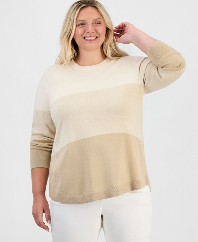 Petite Cotton Colorblocked Curved-Hem Sweater