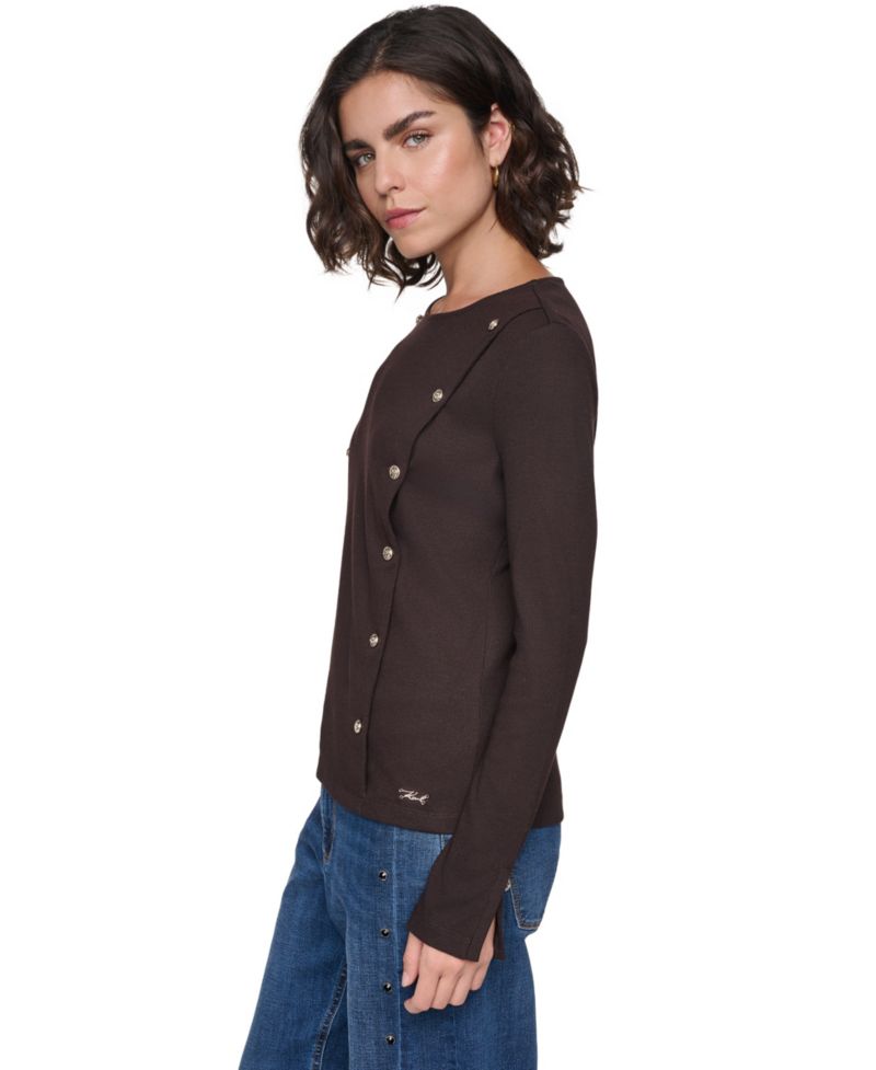 Petite Ribbed Long-Sleeve Button-Detail Knit Top