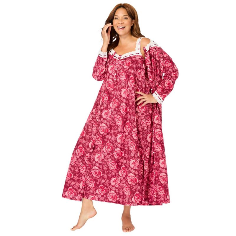 Plus Size Only Necessities Long 2-Piece Cabbage-Rose Peignoir Set