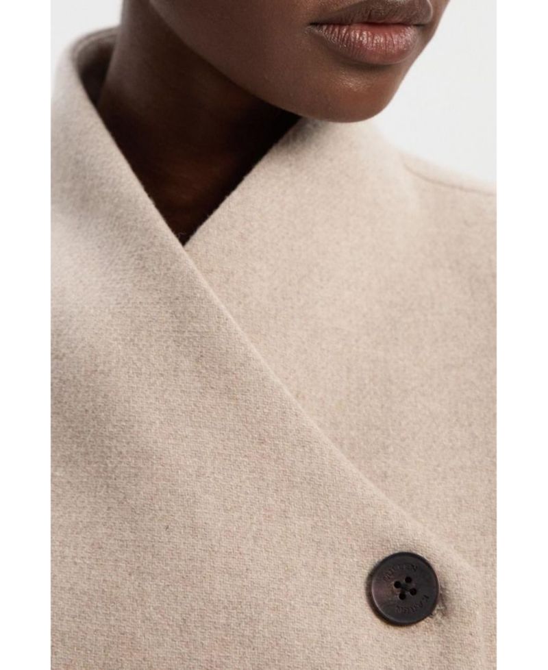 Women's Wool Wrap Neck Tailored Belted Midi Coat