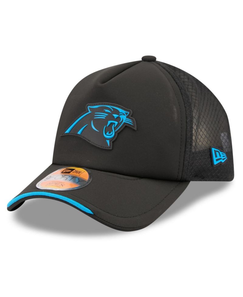 Men's Black Carolina Panthers 2026 Sideline Apex 9FORTY Adjustable Trucker Hat