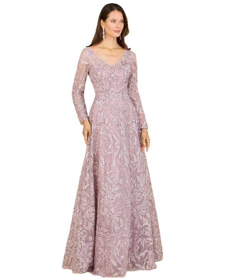 Women's A-line Gown With Long Sleeves, V-Neckline